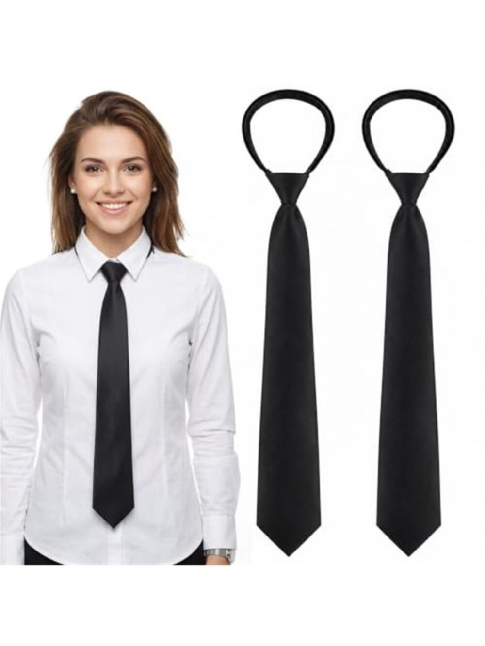2 Pcs Black Tie for Women Men Pre-tied Adjustable Skinny BlackTie
